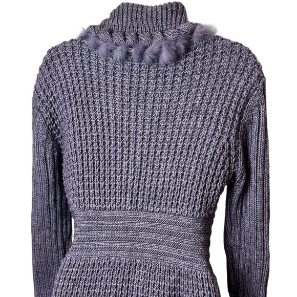 Sioni Purple Wool Blend Rabbit Fur Trim Floral Cozy Knit Cardigan Holiday M - Picture 7 of 12